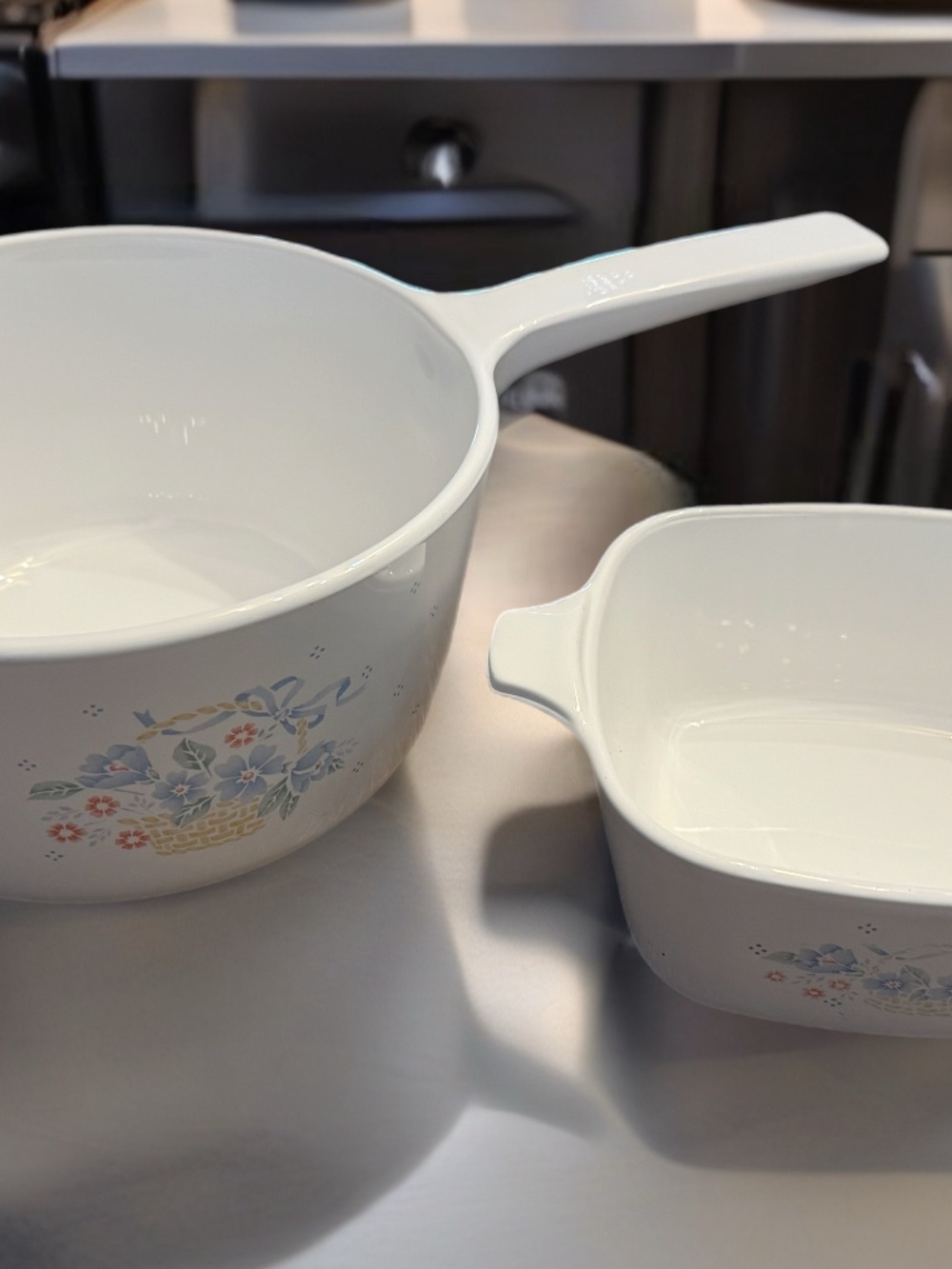 Vintage CorningWare 2-Piece Set - "Blue Ribbon / Flower Basket" Pattern
